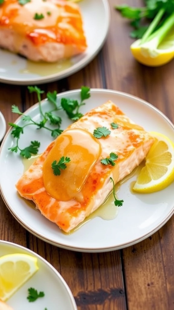 Air fryer honey mustard salmon fillet garnished with parsley and lemon wedges on a rustic table.